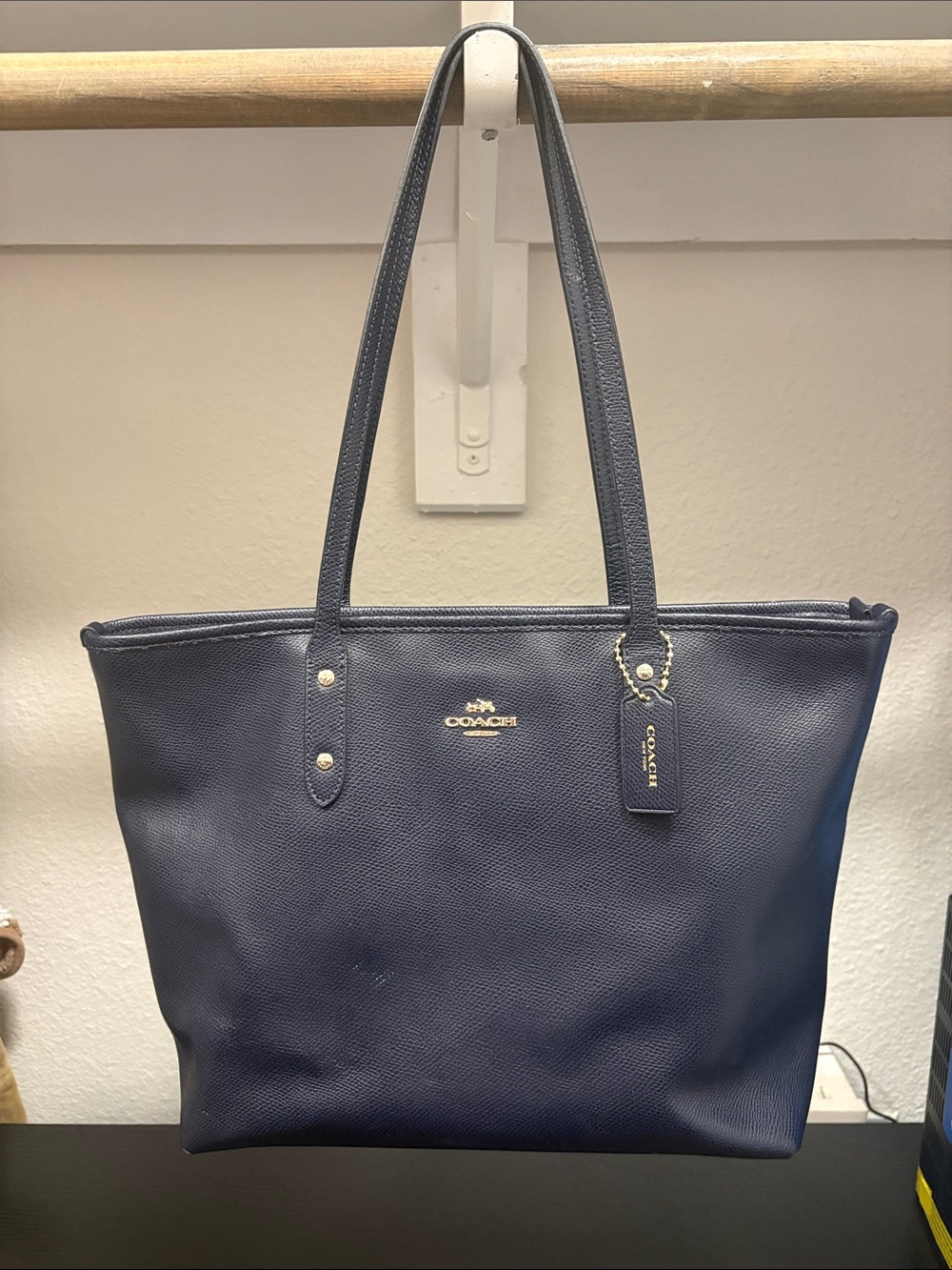 Coach Navy Leather Tote with Gold Hardware